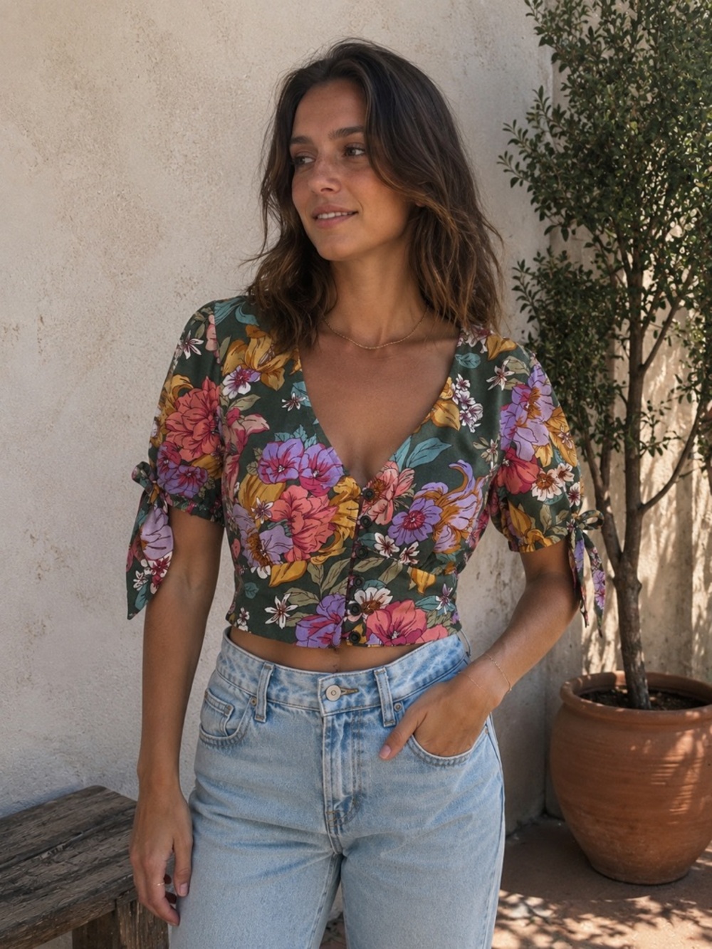 BOG Collective Floral Puff Sleeve Crop Top Boho Cottagecore - Medium